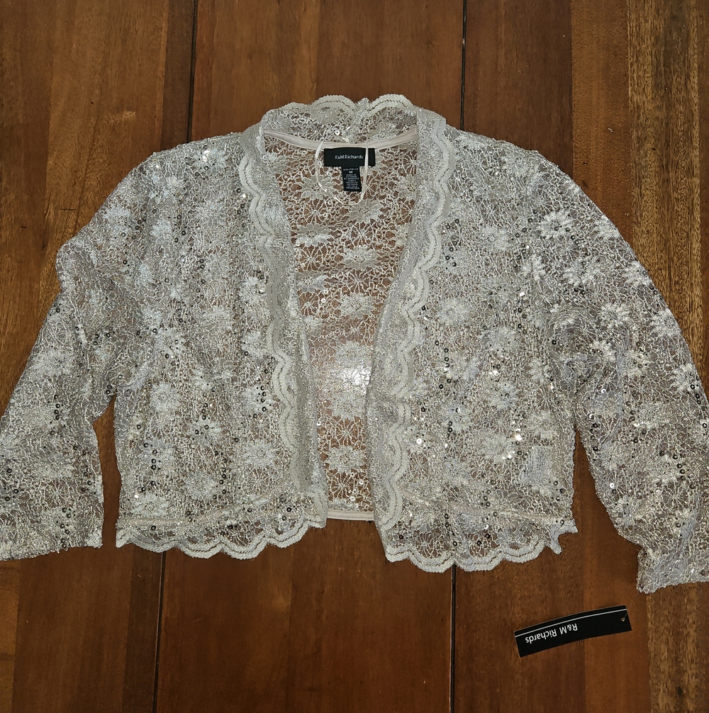 R&M Richards Silver Sequin Lace Cropped Bolero